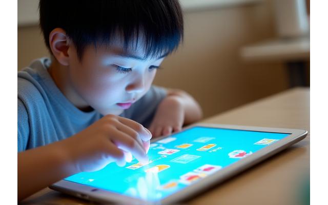 学習障がいを持つ生徒が、多感覚学習モジュール（例えば、タッチスクリーン、音声、視覚シンボルを使ったアプリ）を使って学習に取り組んでいる様子