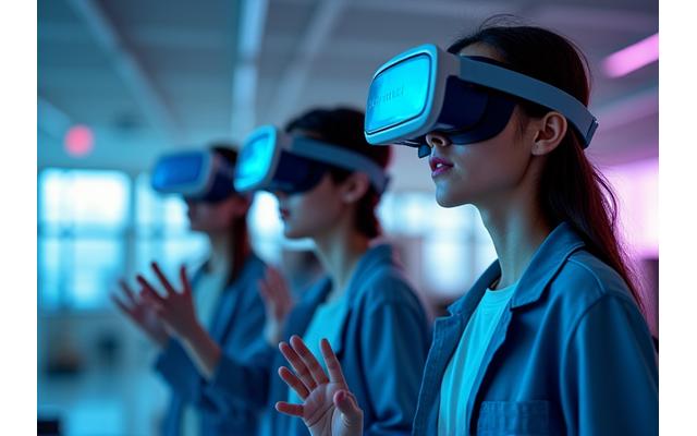 中高生がVRヘッドセットを着用し、仮想空間で複雑な科学実験に取り組む様子。集中した表情