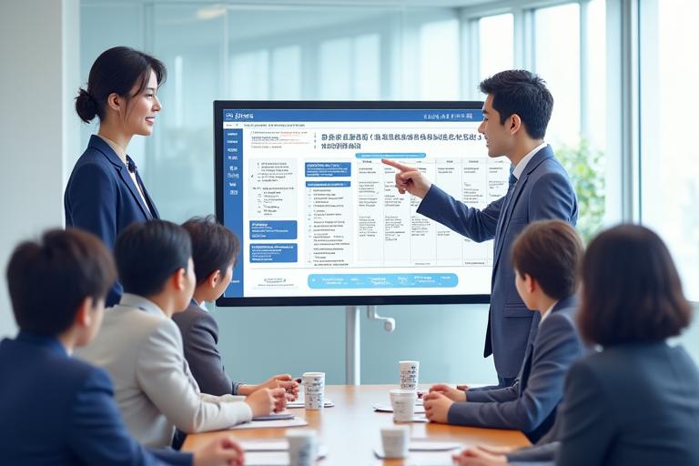 未来学院の教育コンサルタントが、日本の学校長と教員グループに対し、タブレットの画面に表示された統合カリキュラムの導入計画について説明している。会議室は明るく、専門的な雰囲気で、全員が熱心に耳を傾けている。