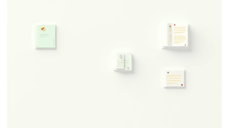 様々な種類の日本語文書(エッセイ、ビジネスメール、学術論文、短編小説)のアイコンまたはミニチュア版が、デジタルインターフェース上で整理されている様子。