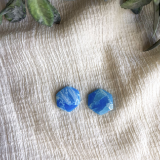 Hexagon Stud Earrings in Ocean Blue Marble, .5 inch